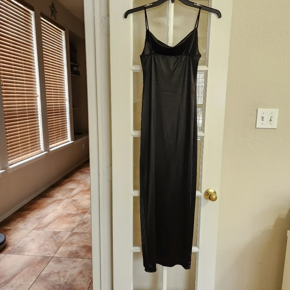Vibe Sportswear Black Satin Slip Dress Cowl Neck Side Slit Y2K Minimalist 90s